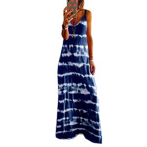 NoraCora Boho V-Neck Strappy Tie Dye Long 54” Maxi Dress Blue/White Medium